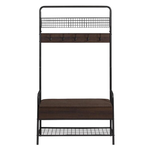 Elias Industrial Hall Tree Coat Rack Shoe Cabinet W/ Cushion Seat - Black Brown
