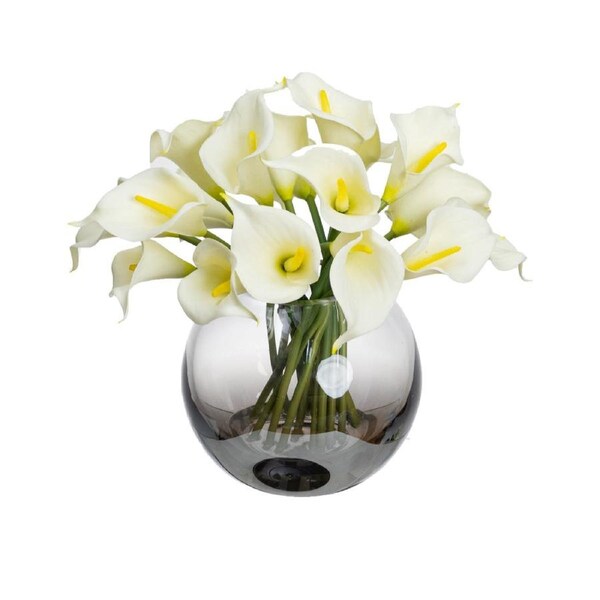 Glamorous Fusion Real Touch White Calla Lily Artificial Faux Plant Flower Decorative In Fishbowl Vase
