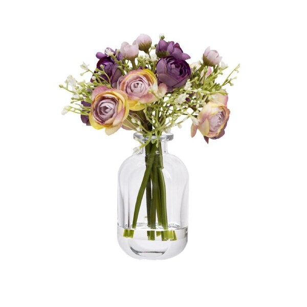 Glamorous Fusion Purple Rununculus 20cm Mixed Artificial Faux Flower Plant Decorative Arrangement In Bud Vase