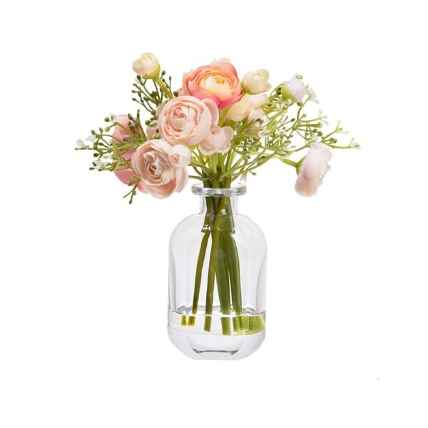 Glamorous Fusion Pink Rununculus 20cm Mixed Artificial Faux Flower Plant Decorative Arrangement In Bud Vase