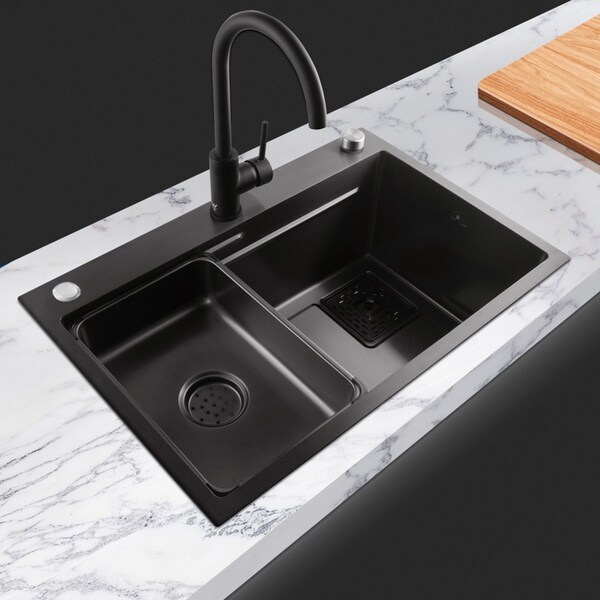 ACA Kitchen Sink 68x45CM Stainless Steel Sink Laundry Sinks Handmade Grey Black with Overflow