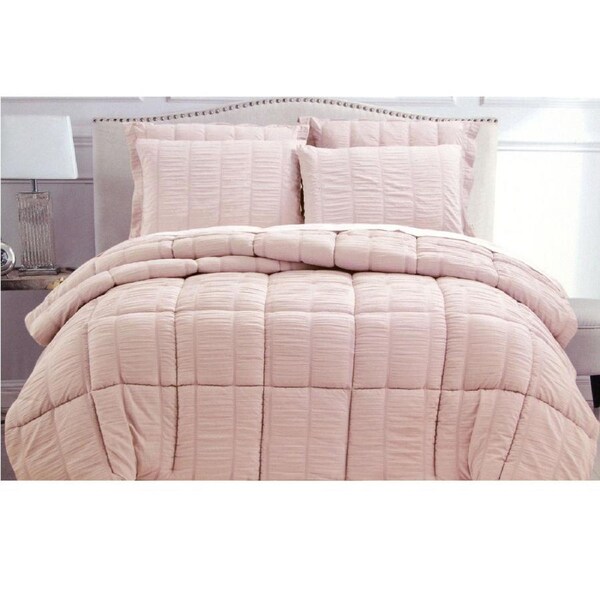 Hotel Living 3 Piece Seersucker Comforter Set Queen Light Pink Microfiber