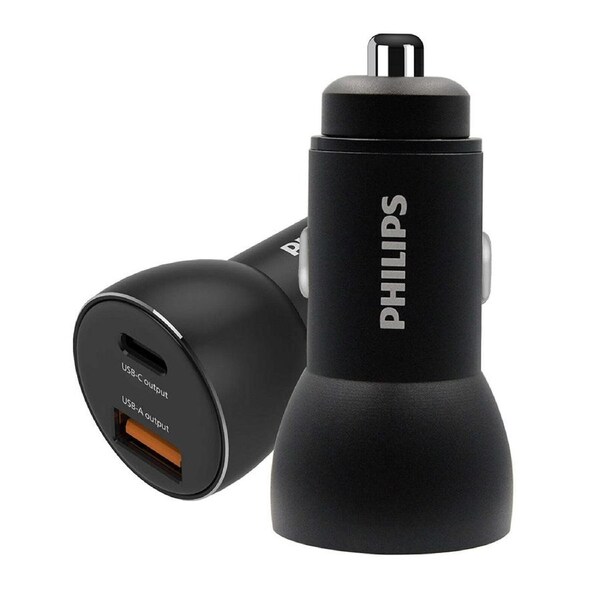 Philips QC+PD Dual USB-A & Type-C Port Mobile Phone Car Travel Charger Black