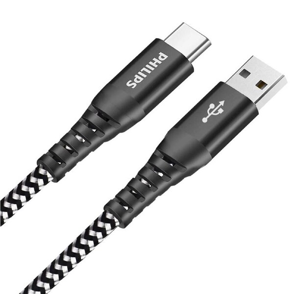 Philips 200cm USB-A/USB-C 480Mbps Fast Charge Cable For iPhone/Samsung Black