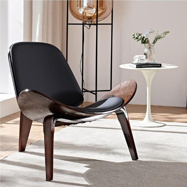 Furb Shell Chair Ash Plywood PU Leather Accent Chair Living Room Black