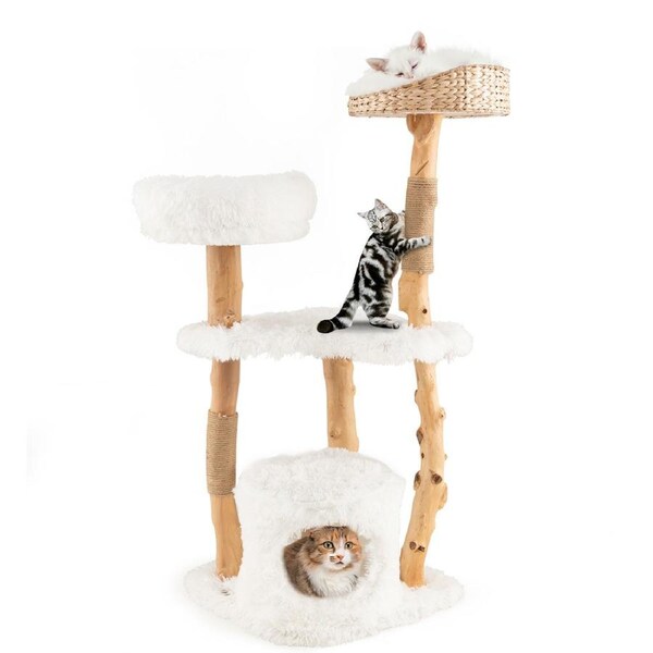 Costway 124cm Wood Cat Tree Scratching Post Kitty Condo House Cat Climbing Furniture White