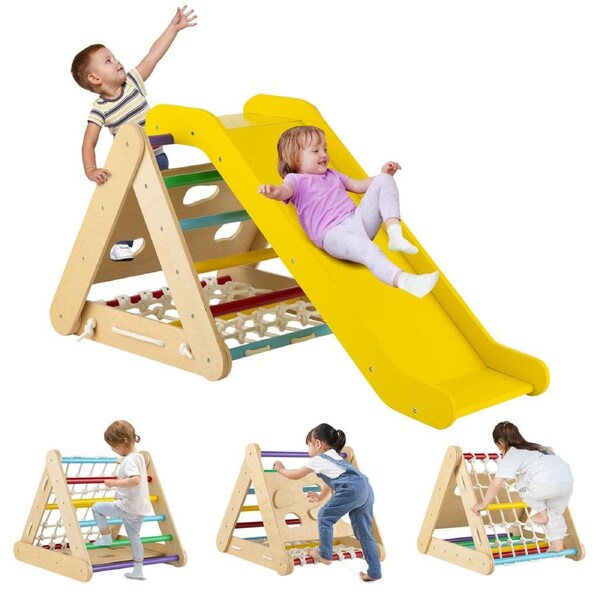 Costway Climb Playset 4in1 Climbing Frame Triangle Climber Slide Set w/Net Ladder Ramp Activity Center Multi-color