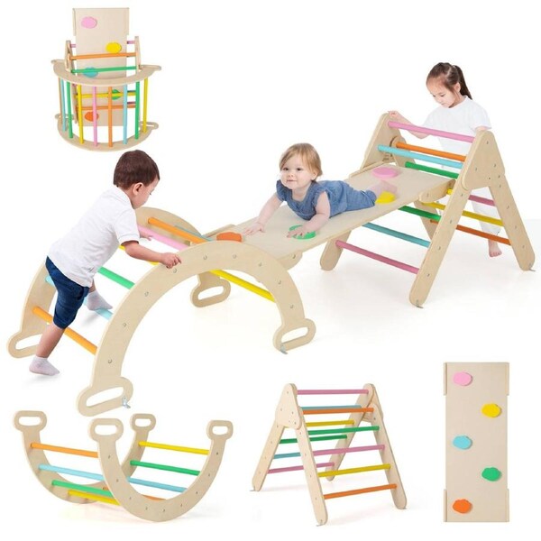 Costway Climb Playset Wood Climbing Frame Triangle Rocking Arch Slide Set w/Climb Board Home Daycare Gifts Multi-color