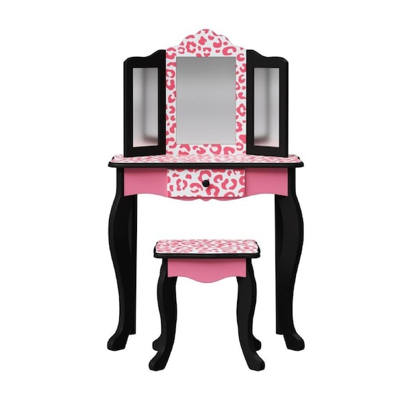 Teamson Kids Gisele Leopard Print Kids Play Vanity Table Set with Stool, Pink/Black