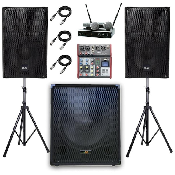 QTX Quest 15PAM 2360W 2.1 Professional PA System Bundle - 15" Active Subwoofer, Mixer, Stands & Pro Vocal Microphone