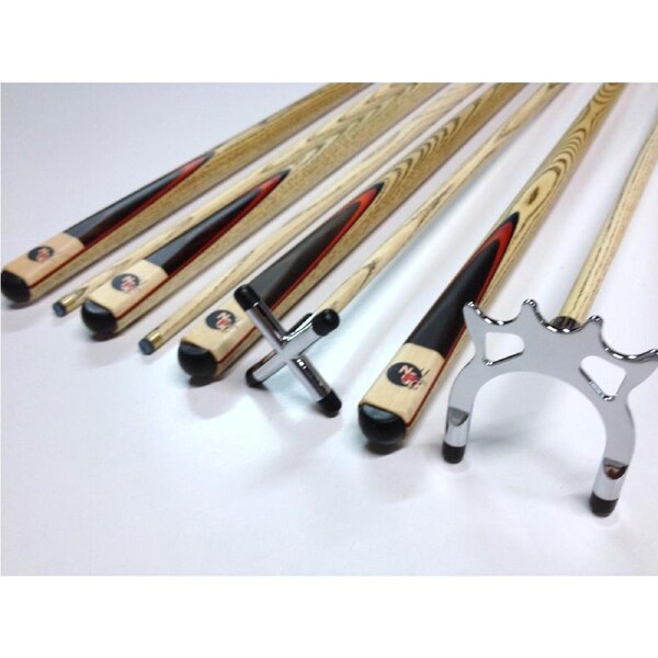 FULL ASH With Red Wood Flame Pool Cue REST Set 2 x Cues, 1 x Chrome Rest, 1 x Chrome Spider