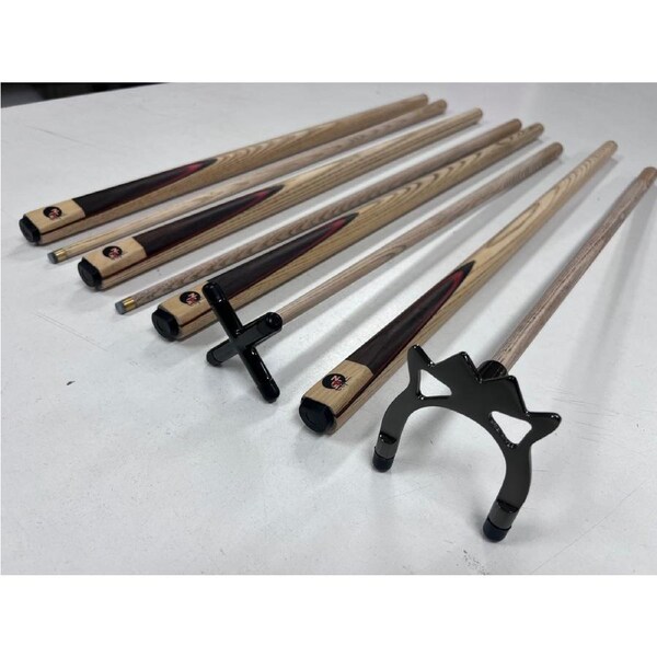 FULL ASH With Red Wood Flame Pool Cue REST Set 2 x Cues, 1 x Black Chrome Rest, 1 x Black Chrome Spider