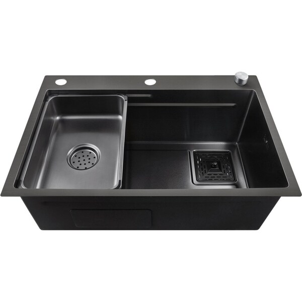 680x450mm Grey Black Stainless Steel Overflow Kitchen Sink Single Bowl Colander