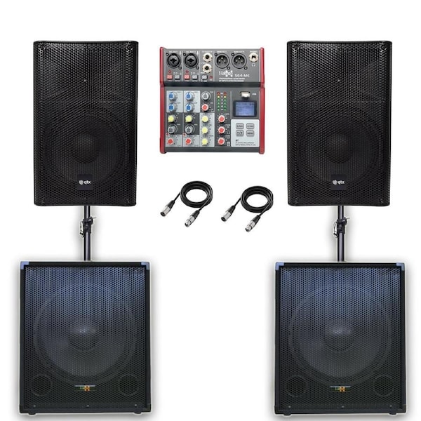 QTX Quadmix 555 2960W Active 2.2 PA System Bundle- Dual 15“ Sub,15”Top, Mixer,Poles