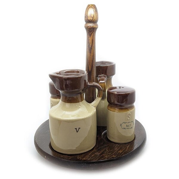Revolving Decorative Ceramic & Wood Cruet Table Dinnerware/Serveware Set