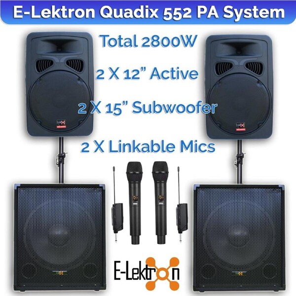 E-Lektron Quadix 552 2800W Active & Subwoofer Vocal Speakers Sound System with linkable UHF Mics and Poles