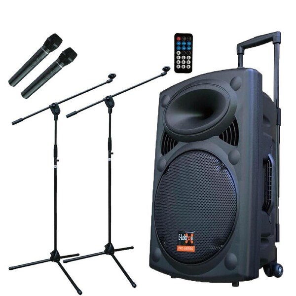 E-lektron Kvocal 15 Portable Bluetooth Speaker with 2 Wireless Microphones and Mic Stands