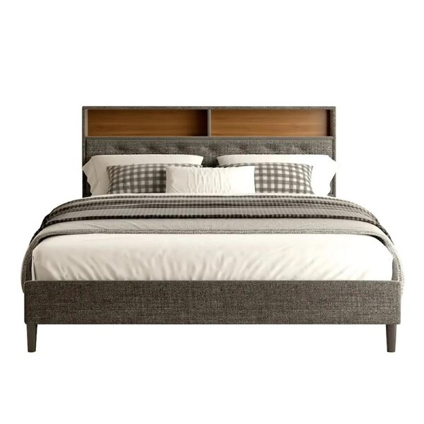 LED Bed Frame with Storage Headboard Double Size Platform Mattress Base Foundation Shelf Bookcase Bedroom Furniture Wooden Slat Fabric Grey