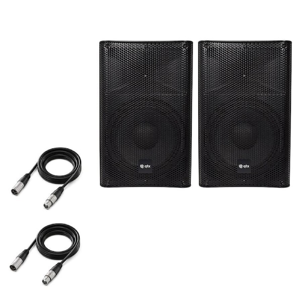 QTX Quest-15A 15" Active PA Speaker Stereo Pair Bundle - 1760W + 2x XLR Cables