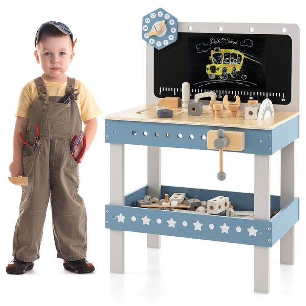Costway Wood Workbench Set Pretend Play Toy Role Play Workshop w/Blackboard Preschool Educational Toy