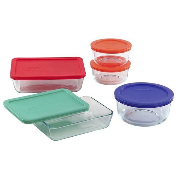 Pyrex Simply Store 10-Piece Glass Food Storage Container Set with Coloured Lids