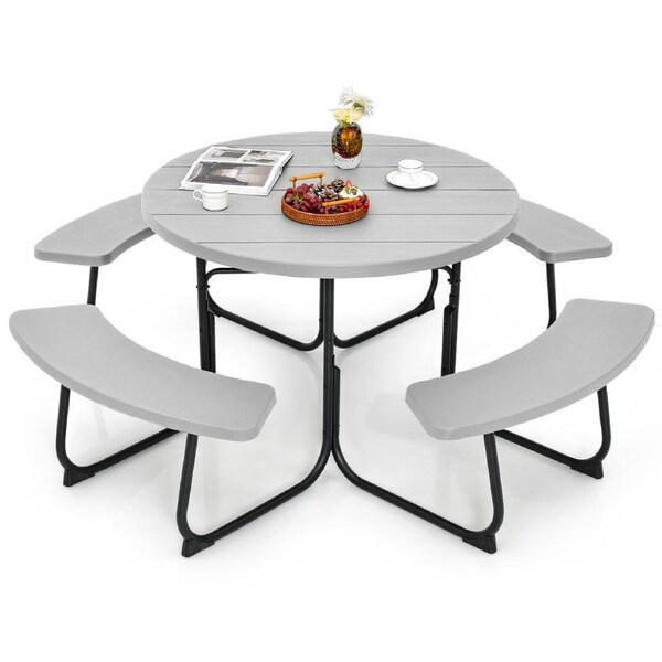 Costway 8-person Round Picnic Table Bench Set Outdoor All Weather Dining Table w/Umbrella Hole Restaurant Backyard Patio,Grey
