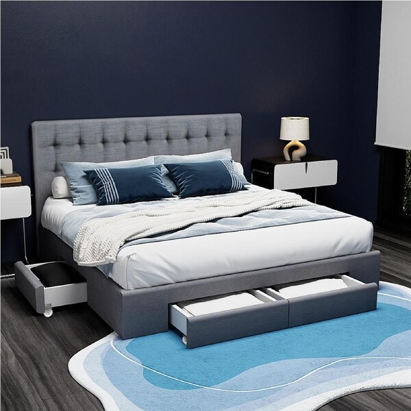 Artiss Queen King Double Size Bed Frame Storage Drawers Grey Fabric AVIO Upholstered Headboard Queen / Grey