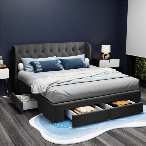 203x153 Artiss Bed Frame Queen King Double Size Storage Drawers Grey Mila King / Charcoal