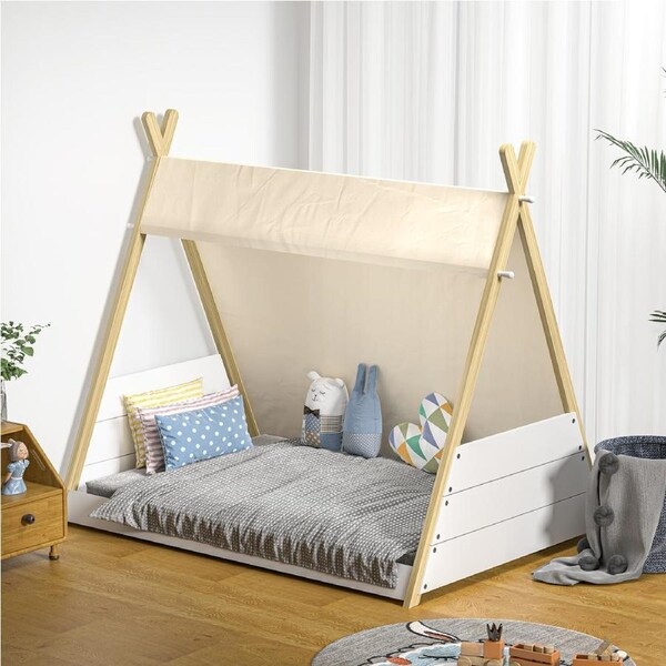 Oikiture Kids Bed Frame Wooden Timber Single Canvas Teepee Bed Frame Platform