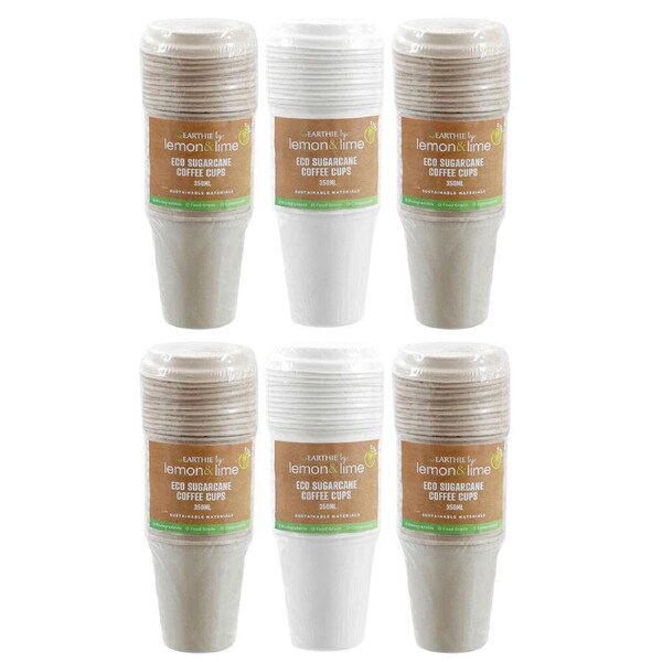 6x 12PK Lemon & Lime 350ml Eco Sugarcane Coffee Cup w/ Lid Biodegradable Sip Mug