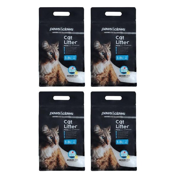 4x Paws & Claws Cat Litter 3.8L Odourlock Fast Absorb Moist Silica Gel Crystal