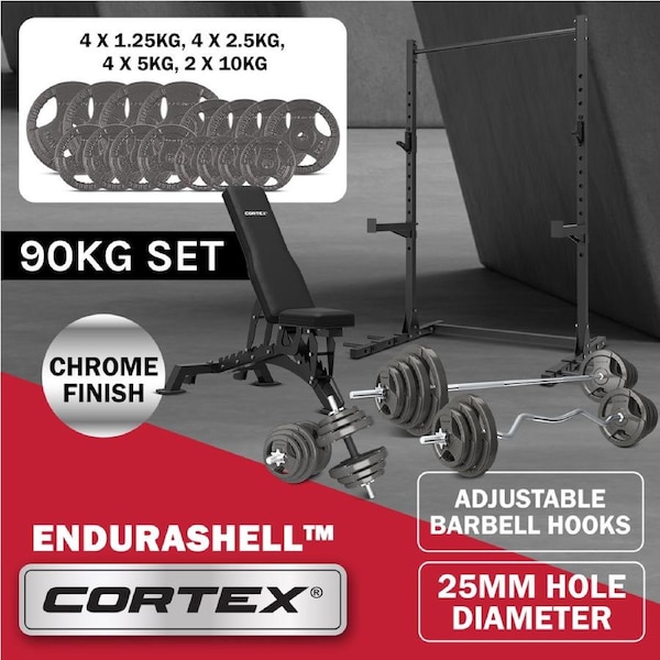 CORTEX SR3 Squat Rack with 90kg Tri-Grip Weights + BN-9 Bench + Multi-Bar Package