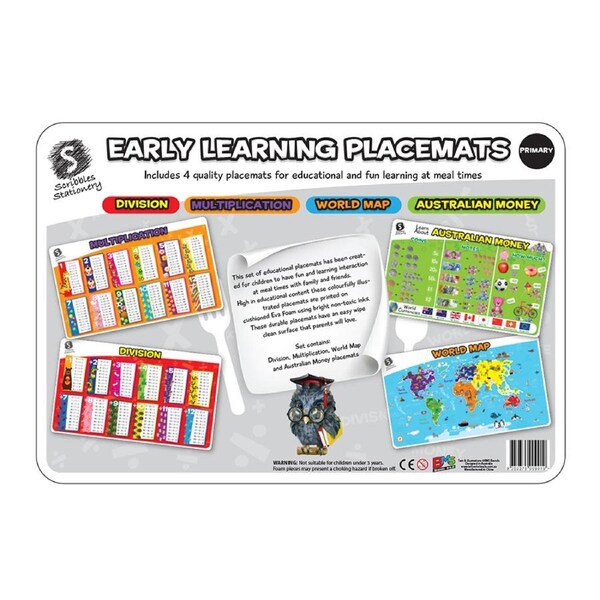 4pc Scribbles Stationery Primary Early Learning Educational Placemat Set Kids 3+