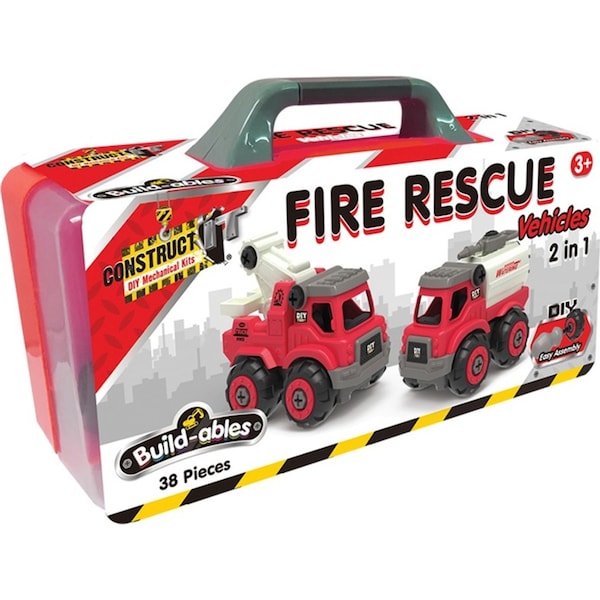 38pc Construct IT Buildables 2-in-1 Fire Rescue Truck Set w/ Case Kids 3+ Red