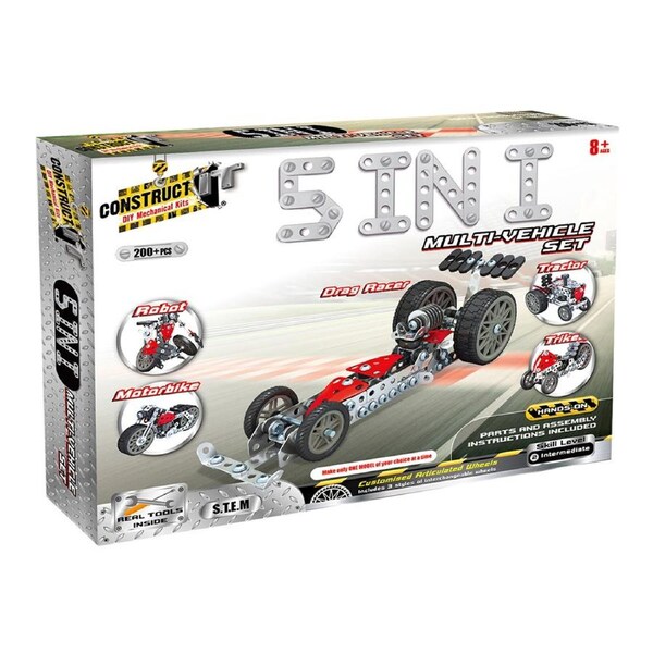 200pc Construct IT DIY 5-in-1 Multi Vehicle Toy w/ Tools STEM Build Kit Kids 8y+