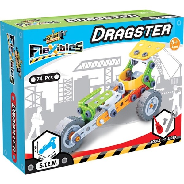 74pcs Construct IT Flexibles DIY Dragster Toy w/ Tools STEM Build Kit Kids 4y+
