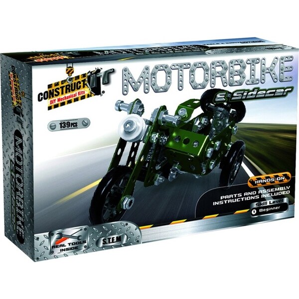 139pc Construct IT DIY Motorbike & Side Car Toy w/ Tools STEM Build Kit Kids 8+