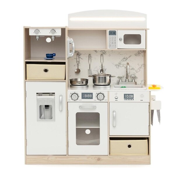 Costway Kitchen Play Set Wood Pretend Cooking Toy Storage CabinetGift White
