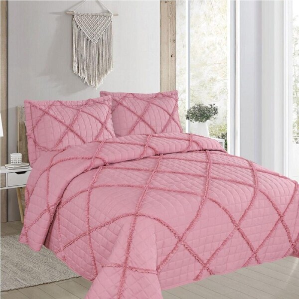 Beverley Pink 3 Pce Lightly Quilted Polyester Cotton Coverlet Set Queen