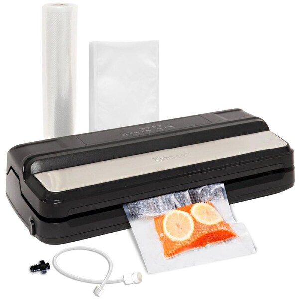 Kenmore Vacuum Sealer Machine, One-Touch Automatic Food Sealer, 7 Preset Modes Bottle Stopper, 5m Bag Roll & 10 Bags (Black/Stainless Steel)