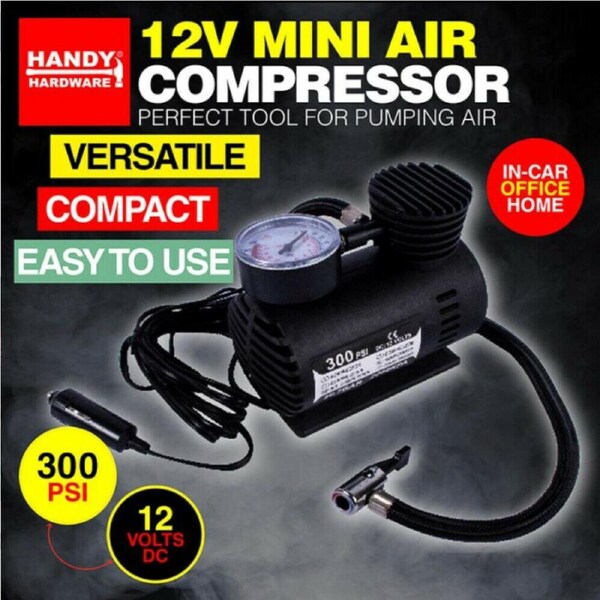 Handy Hardware® 12V Mini Air Compressor Compact High Pressure Powerful 300 PSI