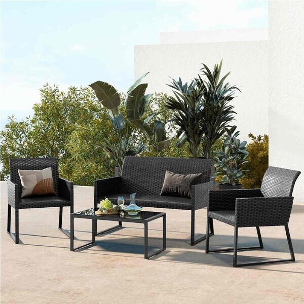Costway 4PCS Patio Furniture Set Outdoor Lounge Dining Setting Wicker Chair Coffee Table Metal Frame Garden Deck