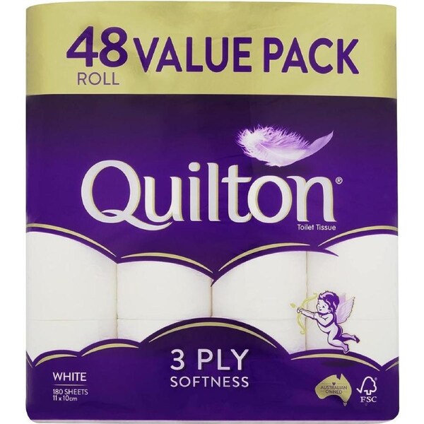 Quilton 3 Ply Toilet Tissue (180 Sheets per Roll, 11x10cm), Pack of 48 Rolls (no Inner Packs)