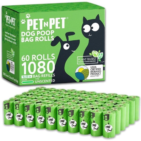 PET N PET Dog Poop Bags, USDA Certified 38% Biobased Poop Bags Green Unscented 1080 Counts 60 Rolls Pet Waste Bags, Strong Thick Dog Poo Bags, Dog Bags for Poop, Dog Poop Bag Rolls - 9x13 Inches