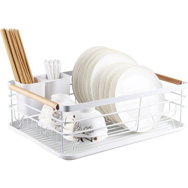 Kitchen Galleria 45cm Dish Drying Rack Storage Organiser w/ Wood Handles White