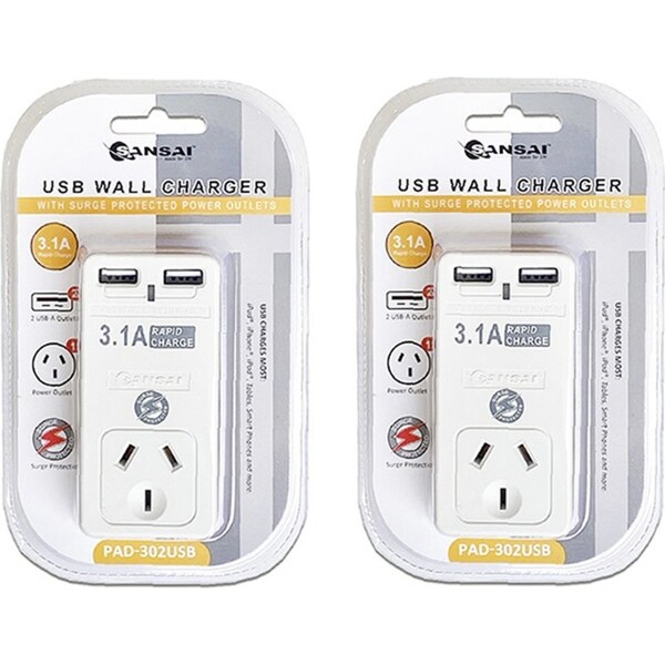 2PK Sansai 3.1A USB Wall Socket Adaptor Plug Phone Charger With USB-A Ports Wht