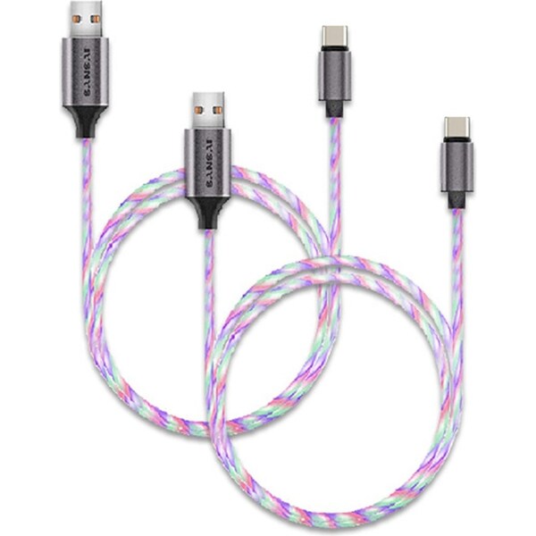 2PK Sansai RGB Flowing Light Up USB-A Male to Male USB-C Charging/Data Cable 1m