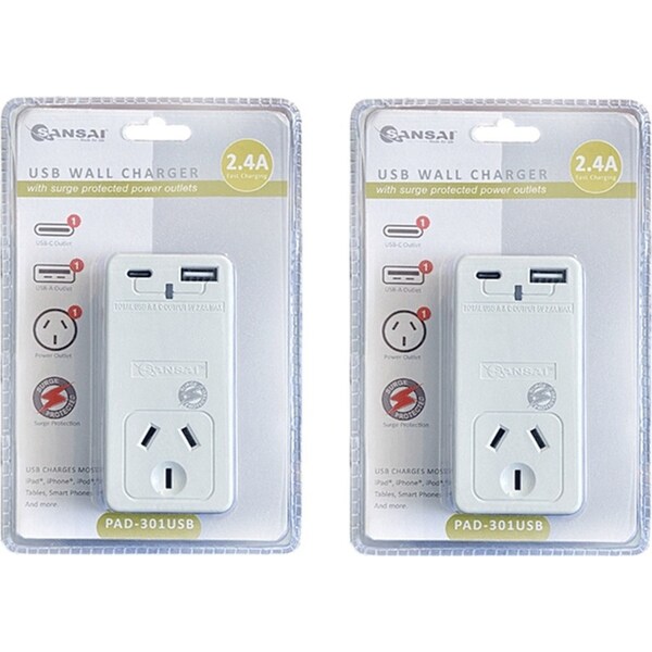 2PK Sansai 2.4A USB Wall Socket Adaptor Phone Charger With USB-A/USB-C Port Wht