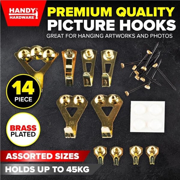 Hooks Picture Premium Brass Plated Assorted Hooks & Sizes 14pc (Holds up to 45kg)