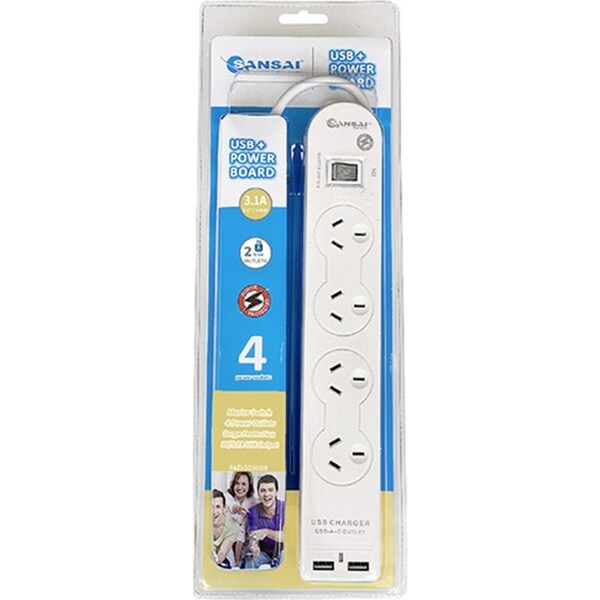 Sansai 4 Socket USB Powerboard/Power Plug Adaptor With USB-A Ports White